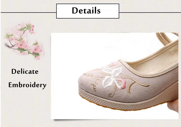 Round Toe Embroidered Women Pumps Женские туфли Summer Wedge Shoes for Ladies Retro Heels Ankle Strap Mary Jane Sandals