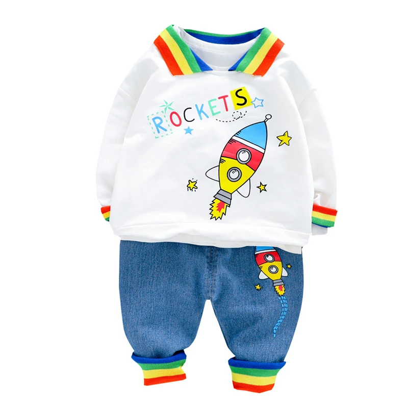 

Spring and Autumn Boys Set 2021 New Cute Printed Turtleneck Long Sleeve Rainbow Pants Childrens Two-Piece Set 0-4Y