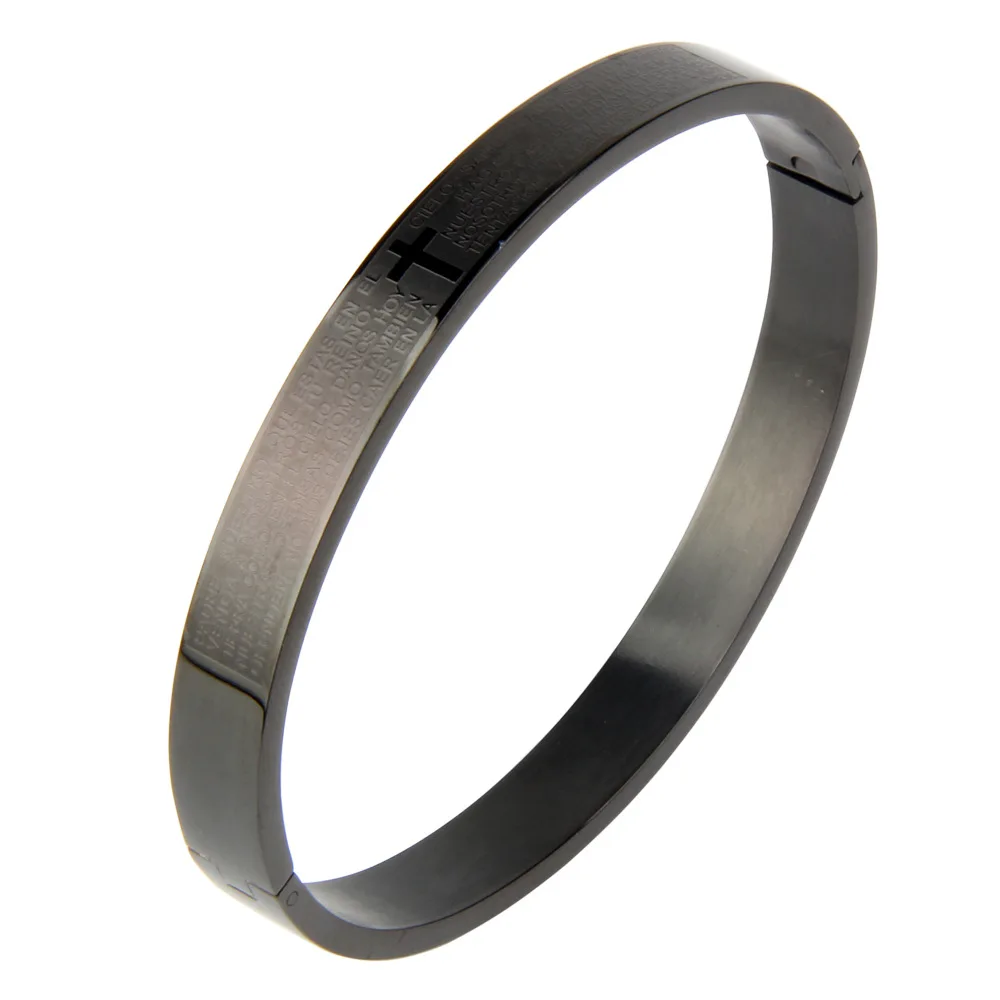 2020 New Luxury Cuff Cross Bracelet Bangle Stainless Steel Open Bracelet Carving Spanish Scripture For Men Women Jewelry 6