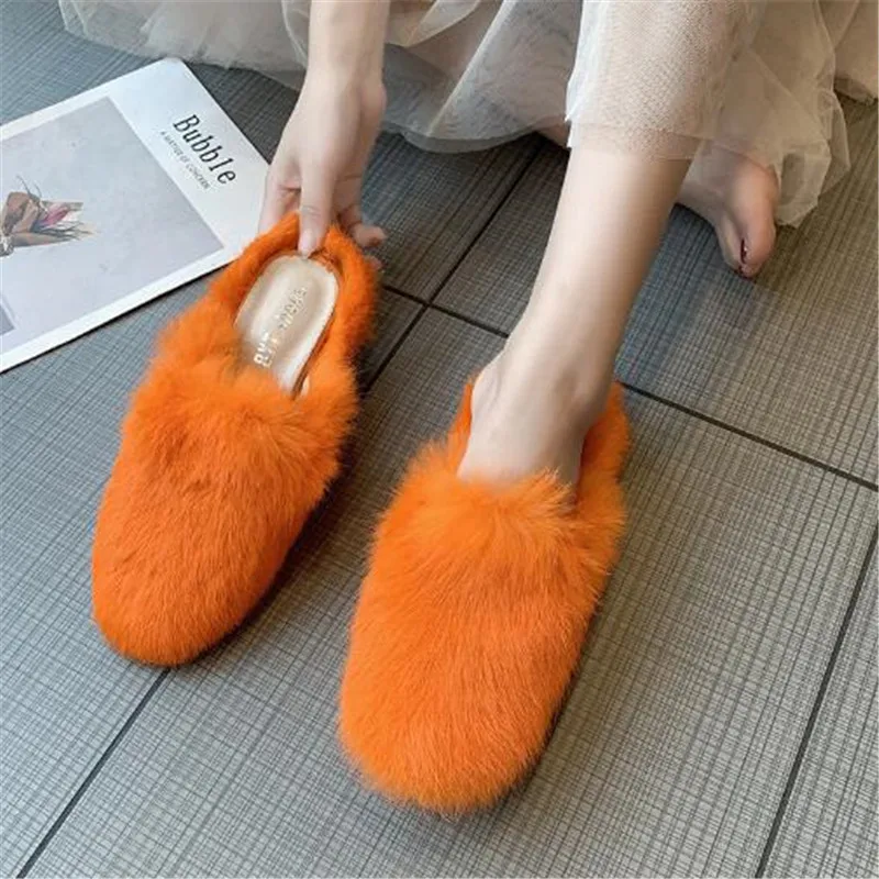 

Women's Winter Furry Slippers Fashion Pink Orange Plush Fur Slides Woman Mules Shoes Warm Fur Flip Flops Ladies Fur Home Shoes