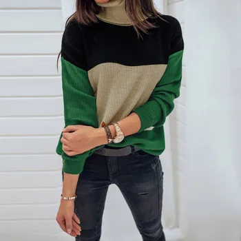 

ETOSELL Autumn Patchwork Slim Long-Sleeved Sweaters Women High Collar Loose Bottom Sweater