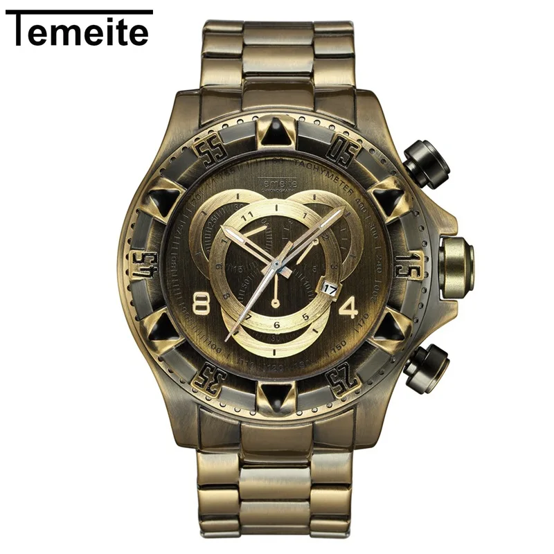 Yellow Temeite мужские часы Топ бренд класса люкс бронзовые стильные роскошные мужские часы из нержавеющей стали повседневные кварцевые часы Reloj Hombre - Цвет: Yellow