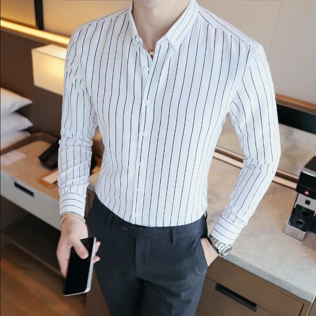 Мужская контрастная рубашка в Вертикальную Полоску высокого качества Удобная хлопковая рубашка с длинным рукавом приталенная Повседневная рубашка на пуговицах - Цвет: Бежевый