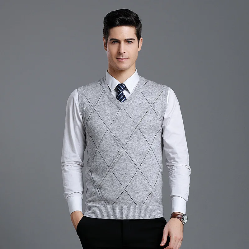 

Autumn Men's Woolen Sweater Stylish V Neck Sleeveless Vest Smart Casual Warm Pullovers Jacquard Comfy Male Clothing for Winter