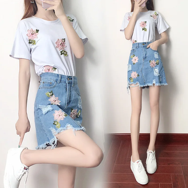 

Photo Shoot WOMEN'S Dress 2018 Summer New Style Popular Brand Industrial Flower Embroidery T-shirt + with Holes Denim Skirt Set