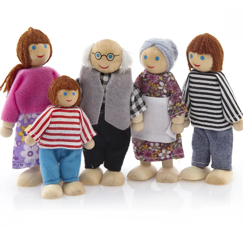 6PCS Wooden Furniture Dolls House Family Person Figures Miniature Set Doll Toys Pretend Play Dollhouse For Kids Child Play Toy