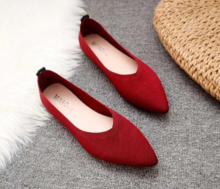 Maggie's Walker/женская повседневная обувь Осенняя вязаная обувь на мягкой плоской подошве с острым закрытым носком, смешанные цвета, размеры 36-40 - Цвет: chilli red