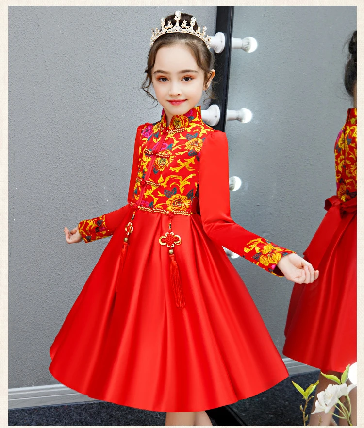 Детское платье принцессы Cheongsam красного атласа с длинными рукавами Qipao; праздничные платья для девочек с цветочным узором; Китайский новогодний костюм; традиционный Qi Pao