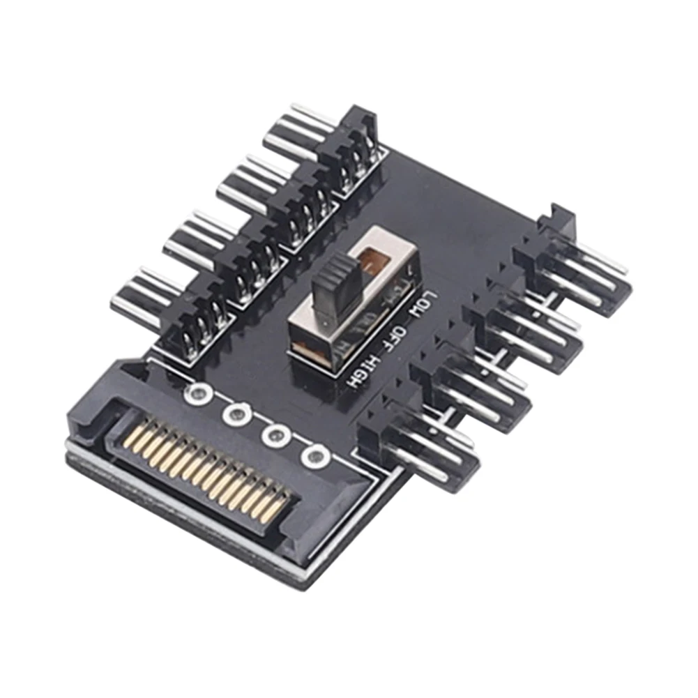 PC SATA 1 to 8 Splitter Cooling Fan Hub with 3Pin 12V SATA Power Socket, PCB Adapter, and 3-Speed Governor for Computer Case Fan Hub Board Description Image.