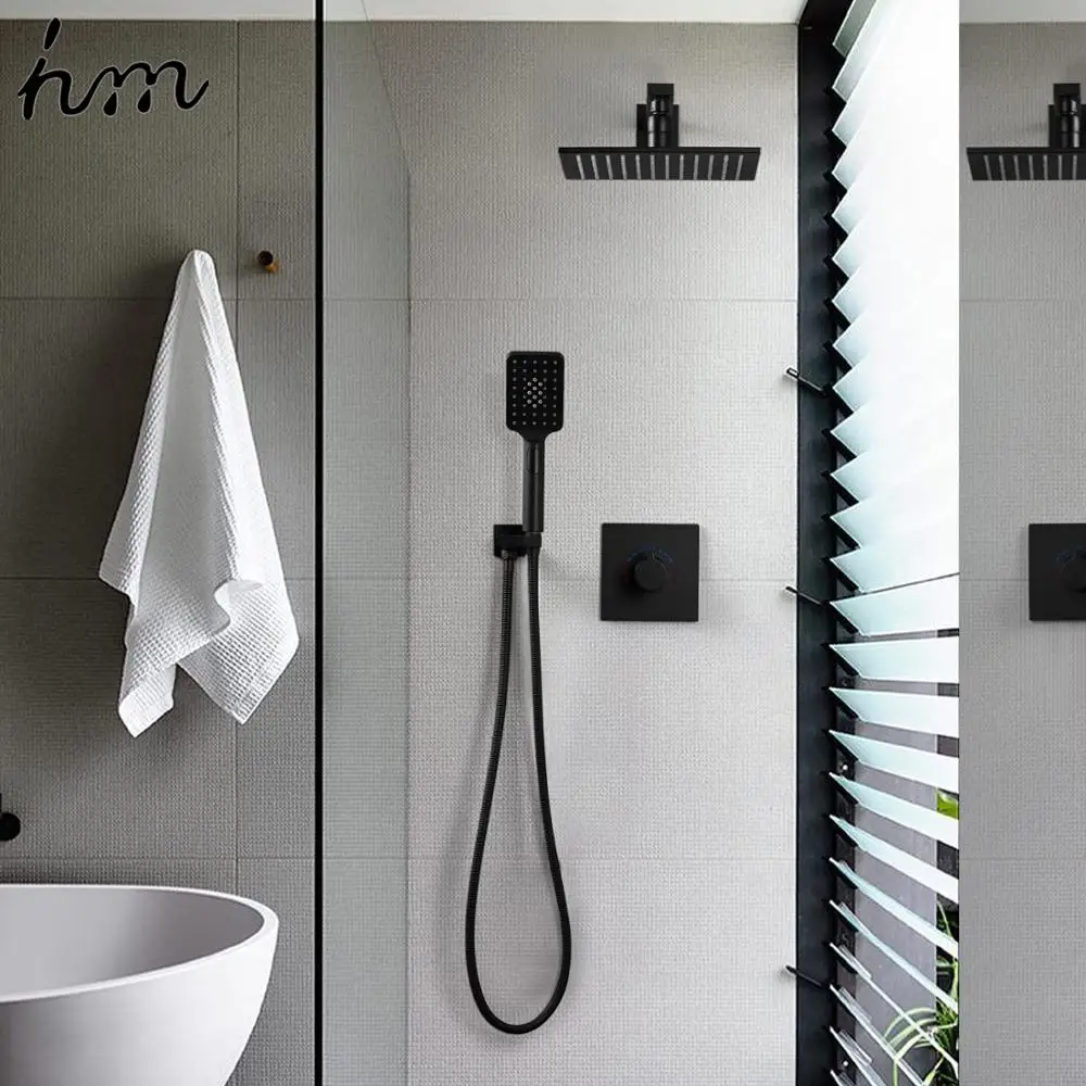 hm 10" LED shower set, Black Wall-Mounted Embedded Shower System, Water-Saving Bathtub and Box Shower Mixer