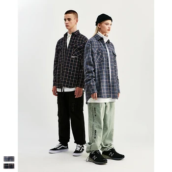 

VIMASS 2020 new high-quality men's long-sleeved dress shirt white blue business retro checkered letters casual men's social