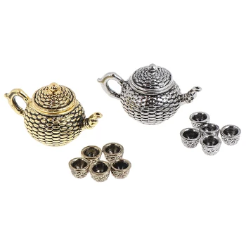 

6 Pcs Metal 1: 12 Dollhouse Furniture Miniature Dining WareMetal Tea Set Teapot Cup