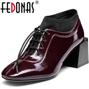 

FEDONAS New Women Night Club Office Pumps Spring Summer Thick Heels Shoes Patent Leather Cross-Tied Concise Shoes Woman
