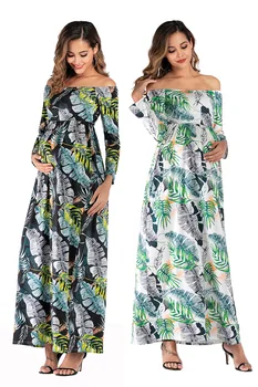 

Slim-fit Plant Print Maternity Dress for Women Women's Long Dress with Shoulderless and Long Sleeves