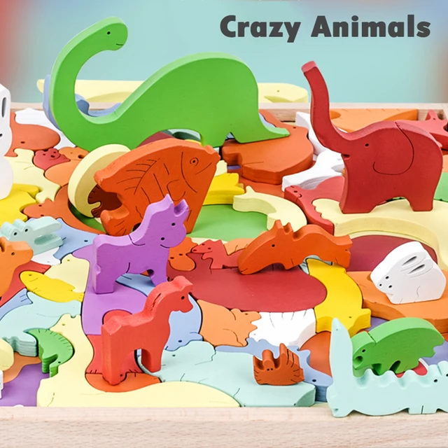 Wooden Animal Blocks 3D Jigsaw Puzzle Baby Toys Animal Shaped Pieces Wooden Puzzle Montessori Educational Stacking Matching Game 3