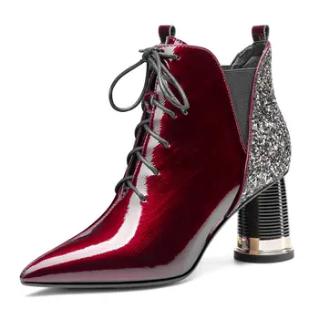 

Elegant Mixed Colors bling Women Ankle Boots Pearl Pointed Toe High Heels Pumps lace up Wedding Dancing Shoes Woman