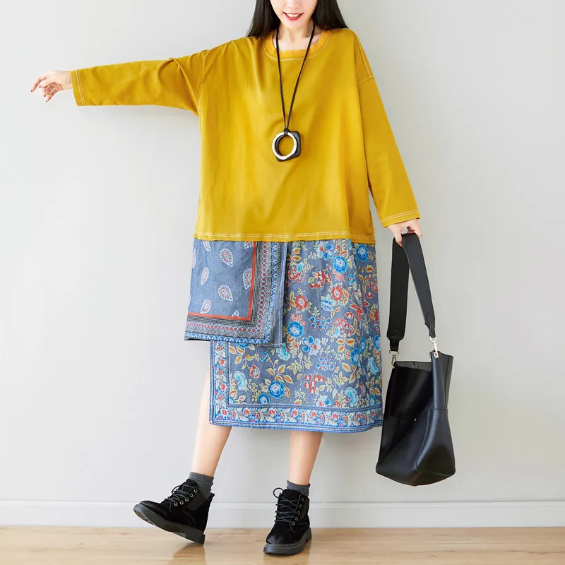 

Baggy Knitted cowboy Pullovers Women Loose Oversize Patchwork Dress Cotton irregular Robe Plus Size Drop Sleeve Pullovers