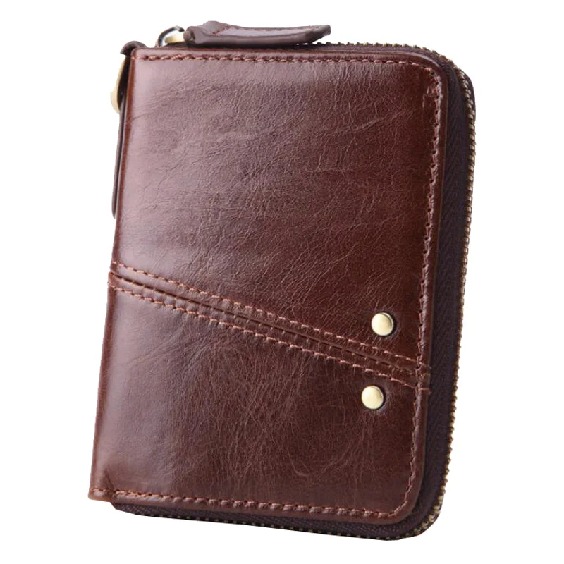 

Western Genuin Leather Three Folder Men Short Wallet Vintage Zipper Rivet Design Men Coin Purse