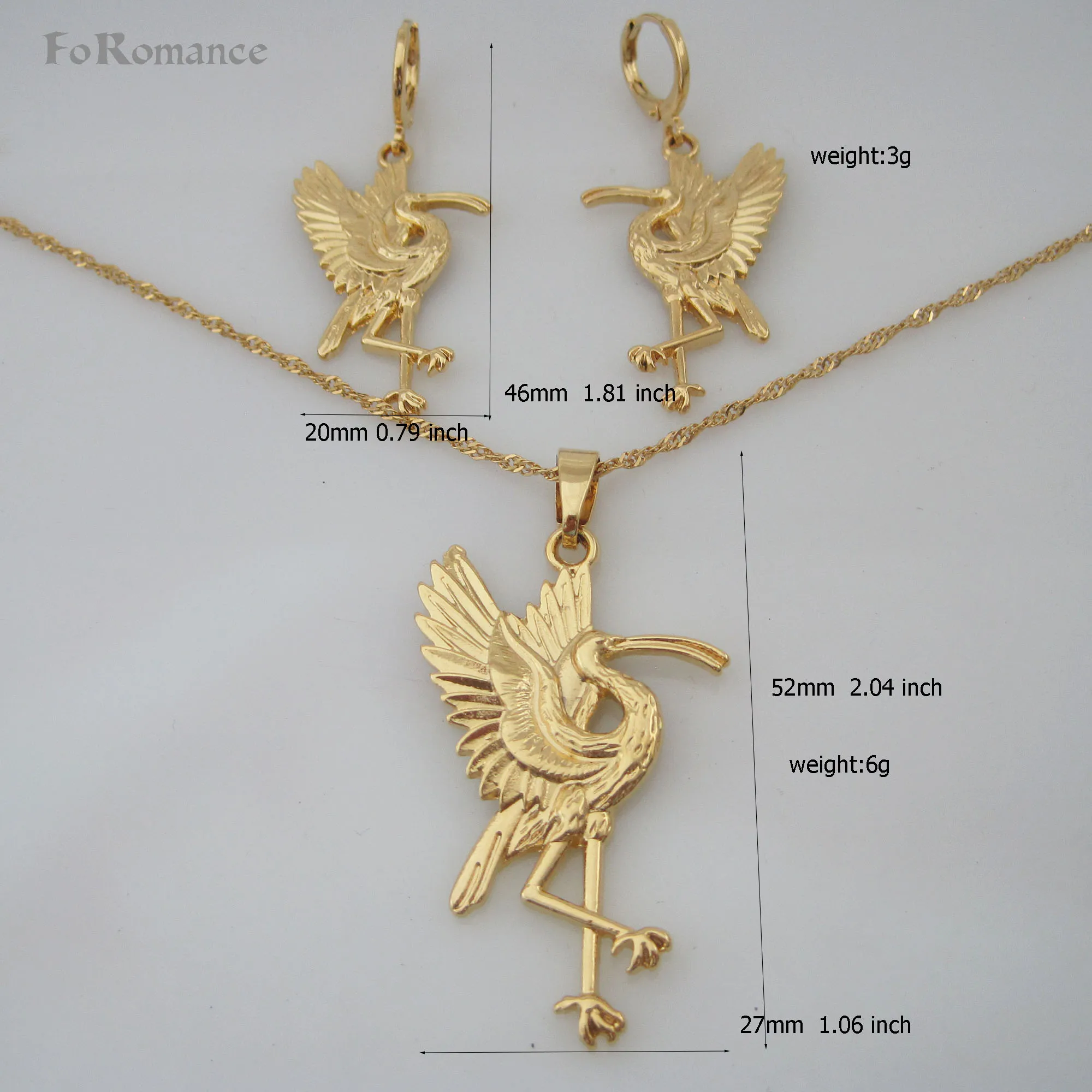 

FoRomance- HIGH QUALITY GOLD GP OVERLAY BIRD WATERFOWL LONG BEAK PENDANT 18" WATER WAVE LINK CHAIN NECKLACE EARRING SET