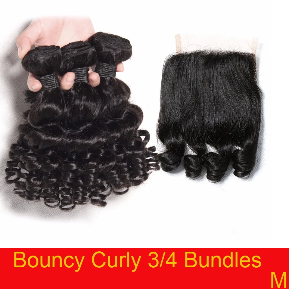 

Bouncy Curly Human Hair Bundles With Closure Funmi Peruvian Hair Weave Bundles With Closure Remy Hair 3/4 Bundles With Closure