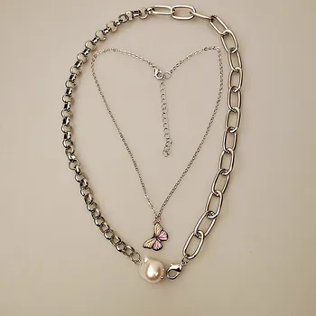 

Butterfly Layered Necklace Women Artificial Pearl Bridal Necklaces Chain Pendant Girls Silver Color Metal Kpop Vintage Collares
