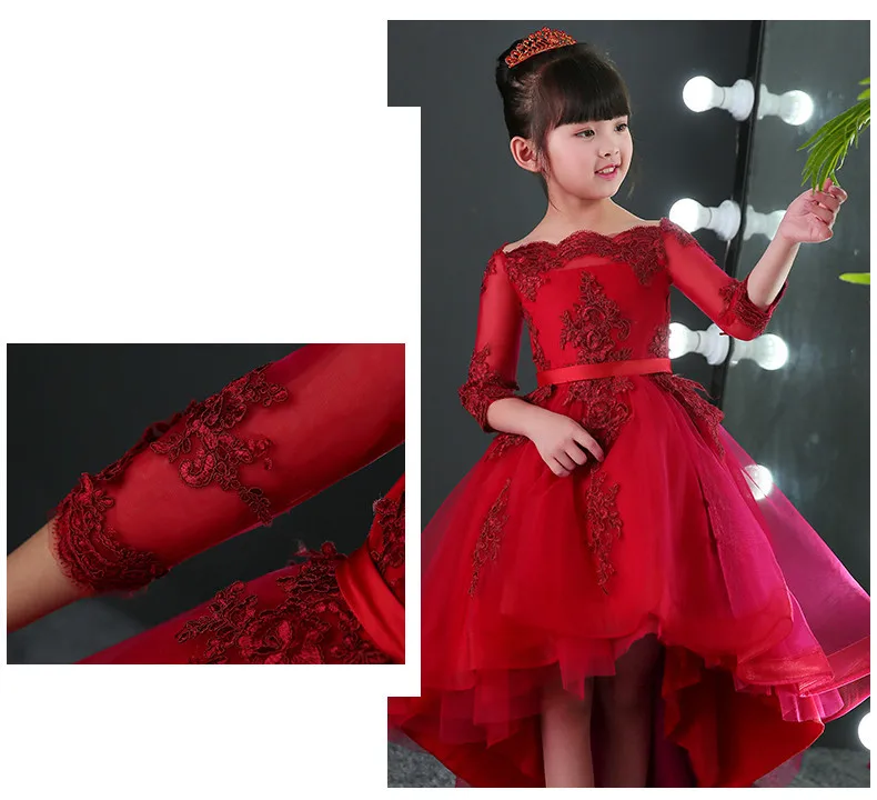 Платье для девочек; красная свадебная одежда для малышей на Рождество; кружевные вечерние платья принцессы со шлейфом и бусинами для дня рождения; платье для первого причастия