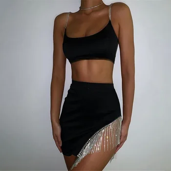 

Women Set Outfit Crop Top Crystal Tassel Skirt Sexy Bacless Night Club Party 2 Pieces Set Side Slit Two Piece Set Top and Skirt