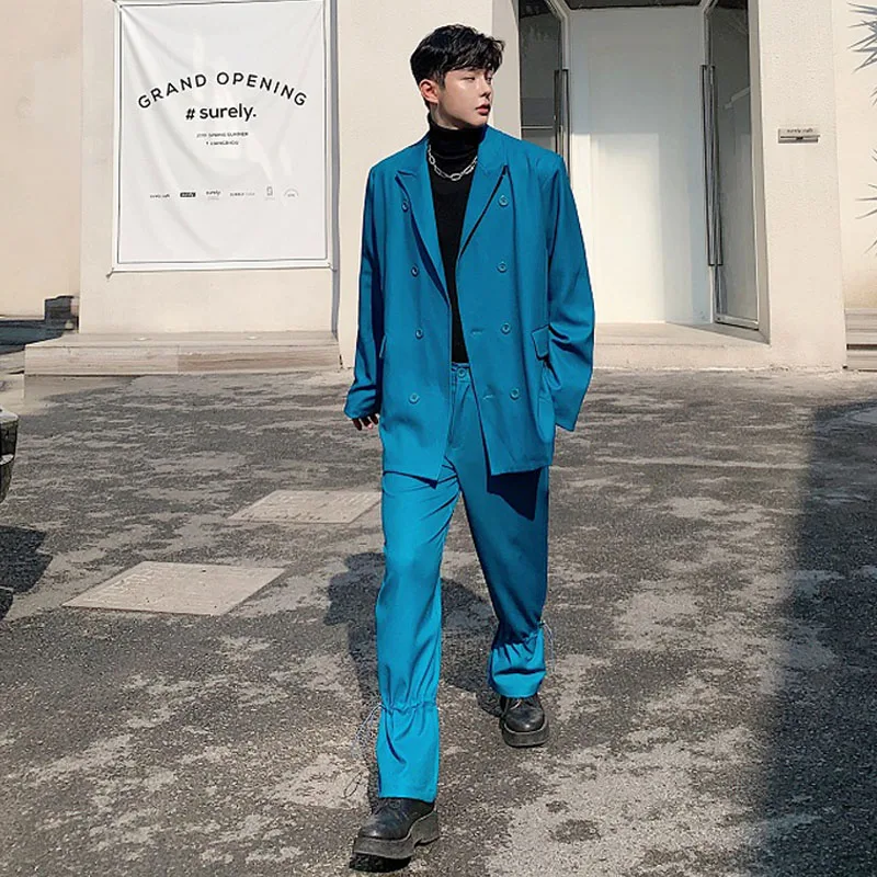 

Men 2 Piece Suits Sets (jacket+pant) Male Streetwear Vintage Fashion Hip Hop Loose Casual Blazer Jacket Suit Coat Stage Costumes