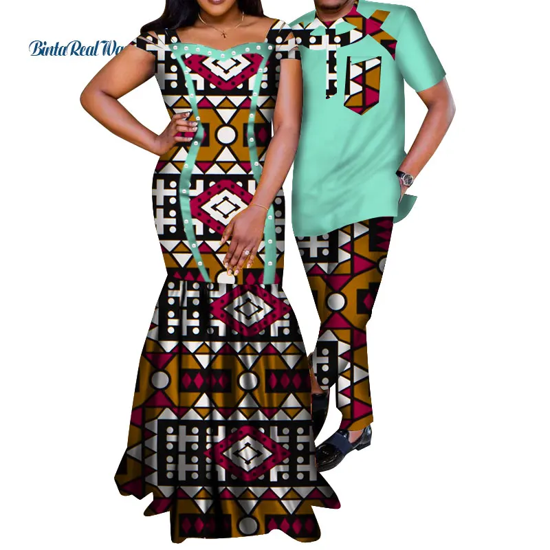 Африканские платья для женщин Bazin Riche мужские комплекты рубашка и брюки для влюбленных пар одежда с принтом длинное платье африканская одежда WYQ210 - Цвет: 15