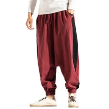 Мужские широкие льняные шаровары мужские брюки с эластичной резинкой на талии свободные хип-хоп брюки с шаговым швом мужские повседневные брюки
