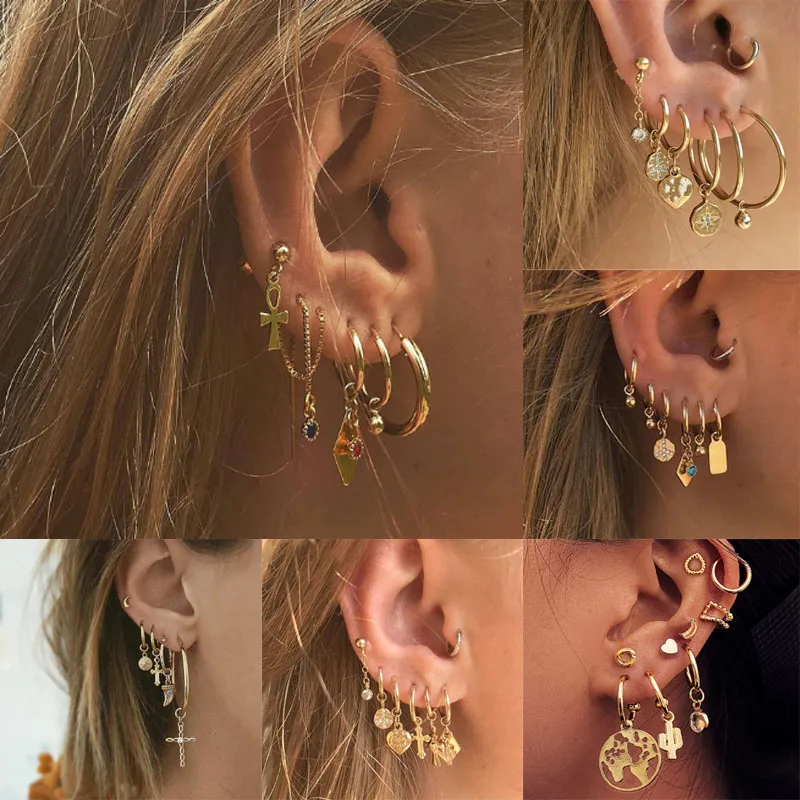 GTQ 2019 New Boho Multi-Element Crystal Set Earring For Women Fashion Pendant Piercing Geometric Stud Earrings Jewelry | Украшения и