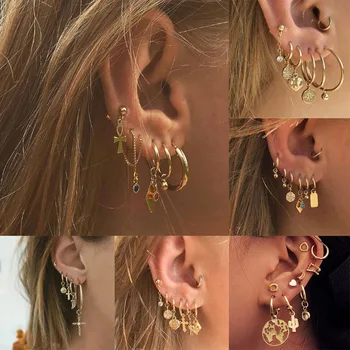 

GTQ 2019 New Boho Multi-Element Crystal Set Earring For Women Fashion Pendant Piercing Geometric Stud Earrings Jewelry