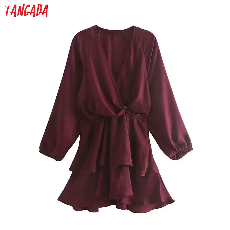 Tangada женское однотонное платье с запахом и v-образным вырезом, эластичная талия, рукав-фонарик, женское корейское шикарное женское мини-платье, vestido 4M42