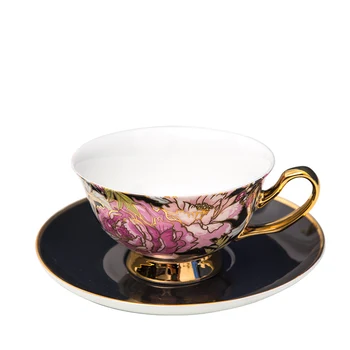 

Hot sell 2 pcs fine bone china coffee tea cup and saucer ceramic with gold shelf