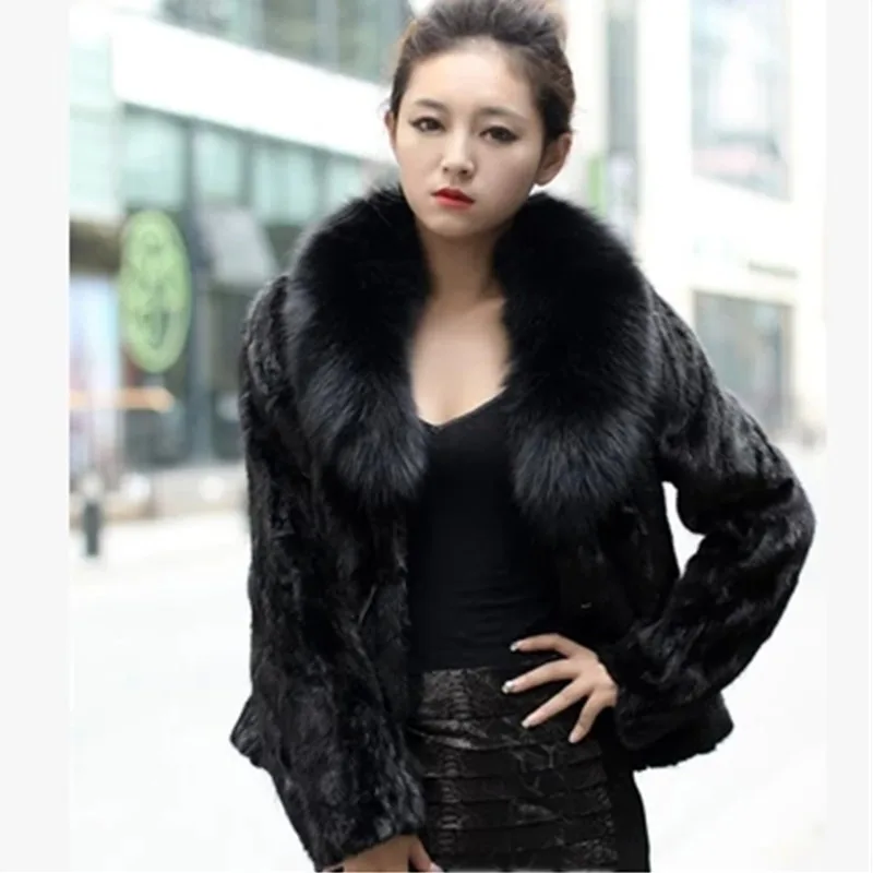 

High quality artificial rabbit fur coat warm jacket autumn and winter short artificial fox fur collar 2020 women's clothing