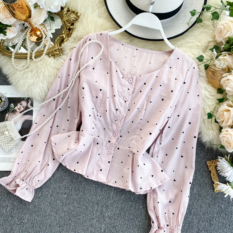 

2020 Immortal Sweet Heart Printing Elegant Square Collar Waist Hugging Slim Ruffled Western Style Top Shirt Women Shirts