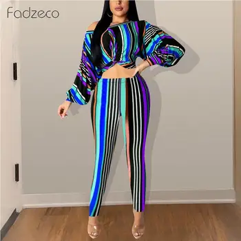 

Fadzeco New Autumn African Clothes Femme Fashion Two-piece Set Irregular Collar Top Puff Sleeve And Trousers African Clothes