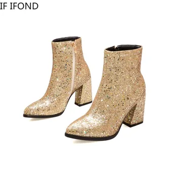 

IF IFOND Glitter Woman Warm Short Plush Soft Ankle Boot Zip Pointed Toe High Heels Party Fashion Leather Short Boots