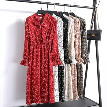 

Autumn Fashion Dress Women Lady's Casual Dot Printed Long Sleeve Elastic Waist Bow Dress Wholesale Free Ship платье Z4