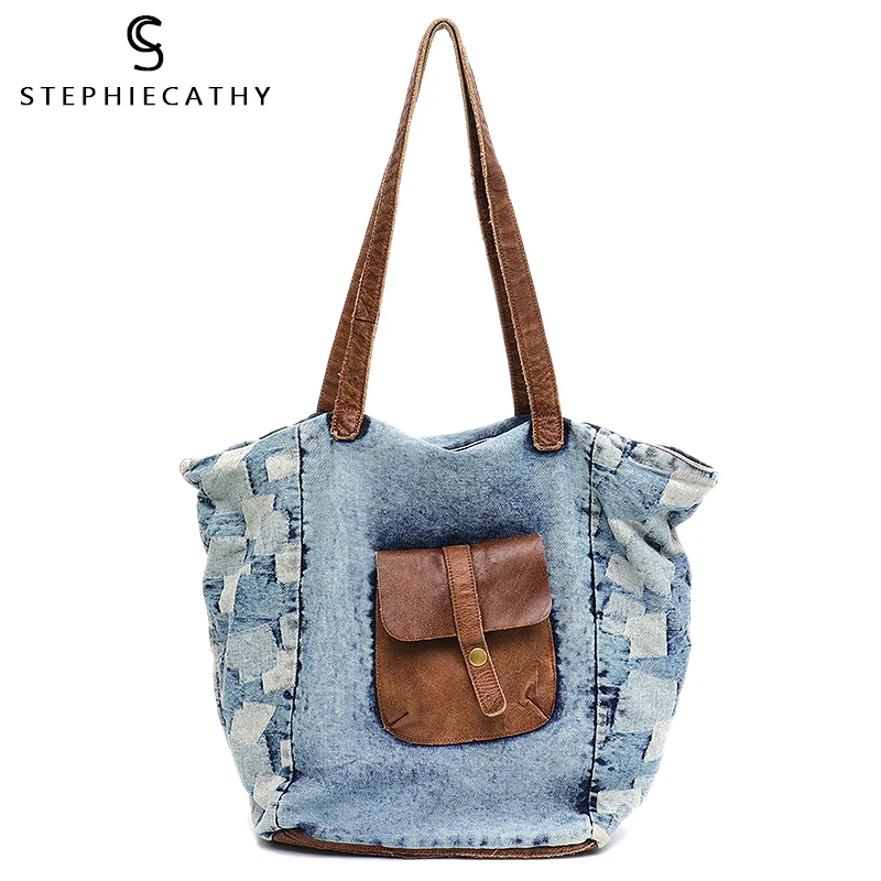 Bolso informal de tela vaquera y de SC para chicas, estilo calle Retro, de mano con bolsillos de cuero para mujer, bolso de hombro vaquero grande - AliExpress Maletas