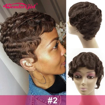 

Wonder girl Short Bob Wigs Natural Finger Wave Hairline Human Hair Wigs For Black Women Remy Brazilian Pixie Cut Wig Ocean Wave