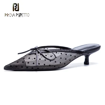 

Prova Perfetto Popular Mesh Polka Dot Slippers Women Sandal Pointed Toe Kitten Heel Butterfly Knot Slides Summer Lady Mules Shoe