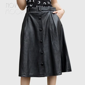 

Novmoop high street black buckle decor elastic waist sheepskin genuine leather pleated skirt jupe plissée en cuir falda LT2930