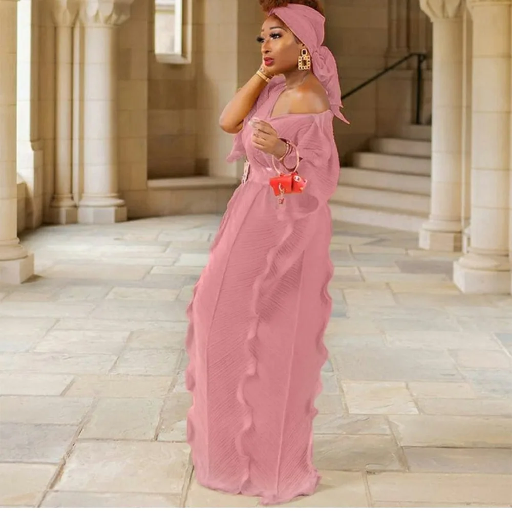 African Pink Elegant Lady Dress Pullover Fashion Style V-collar Lotus leaf  appearance design Belt Thin Female Skirt - AliExpress