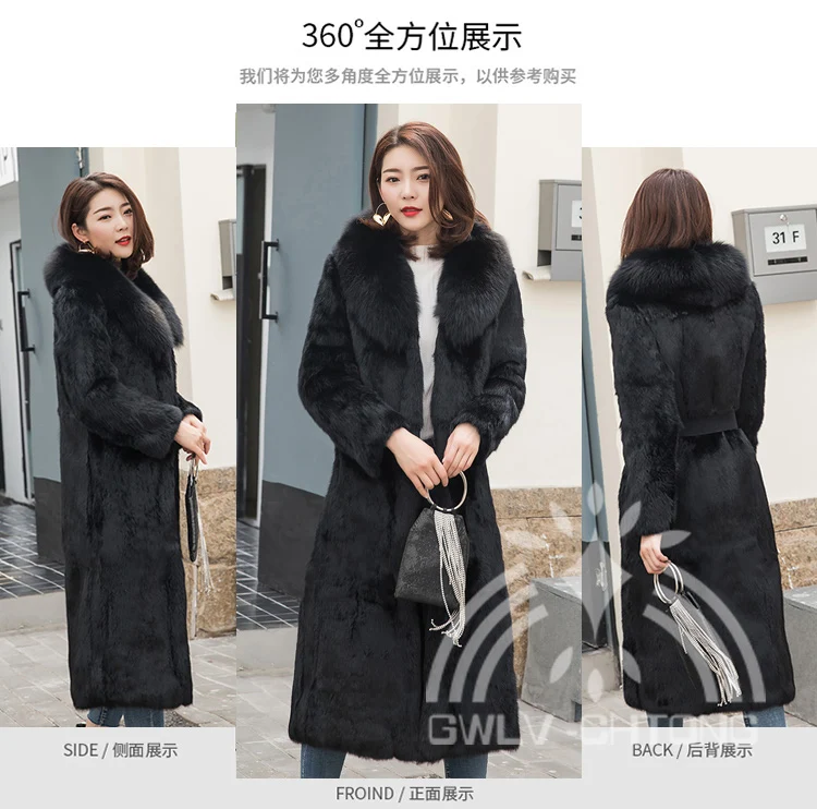 New genuine real natural rabbit fur coat with fox fur collar women fashion long jacket with belt ladies warm outwear