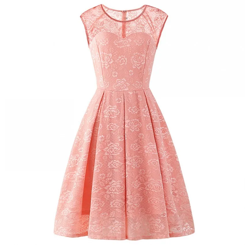 

Summer Sleeveless Vintage Floral Lace Dress Women O-Neck Elegant Party Sexy Midi Dresses Retro Robe Big Swing Pleated Lace Dress