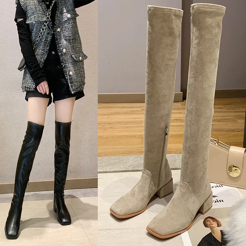 

Autumn And Winter New Style Boots Children 2019 Korean-style Chunky-Heel Square Head Suede Elasticity Thin Boots Leggings over-t