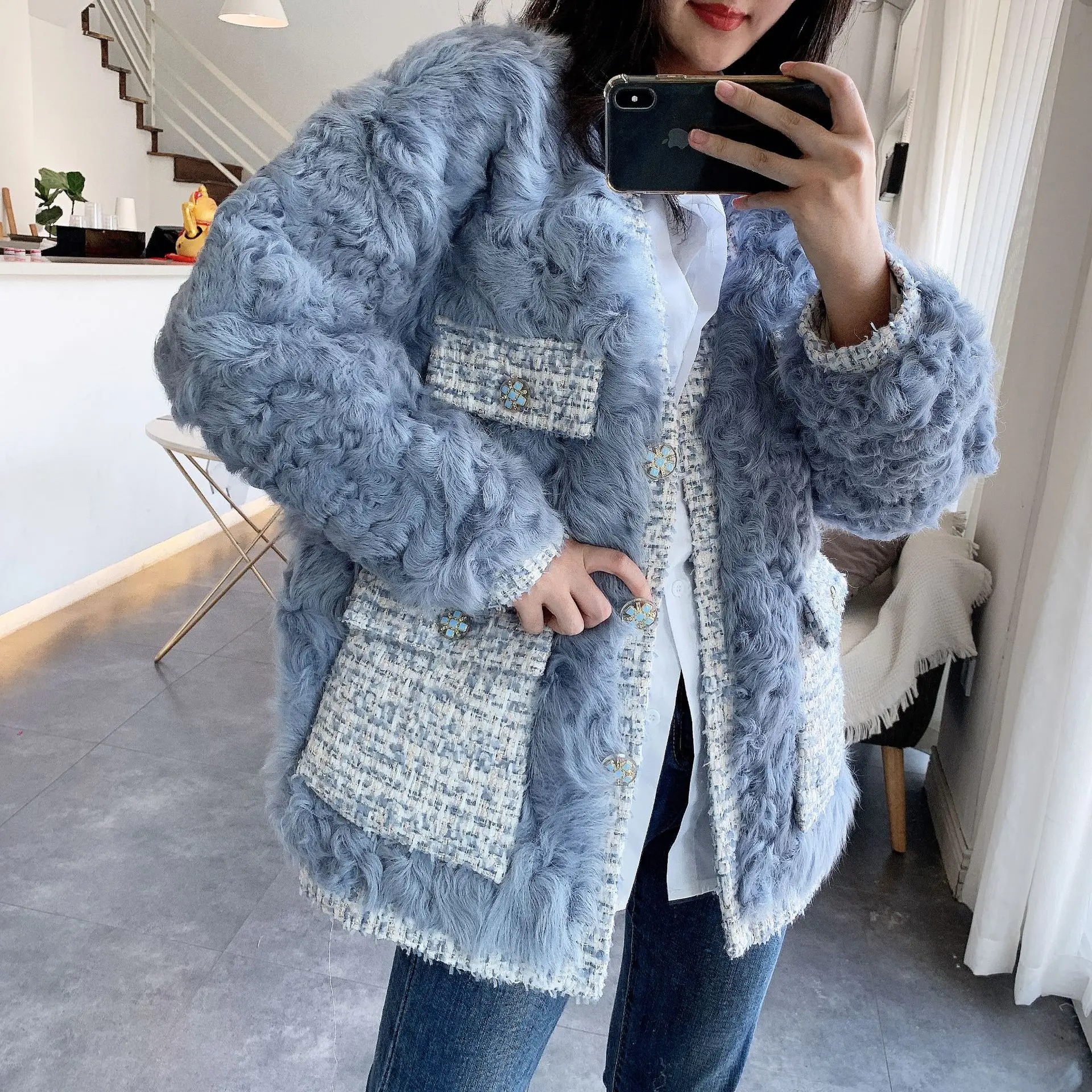 Blue Женское пальто из натурального меха, куртка для стрижки овец, женская зимняя одежда, корейские элегантные шерстяные пальто, винтажные меховые Топы Hiver 19011 - Цвет: Blue