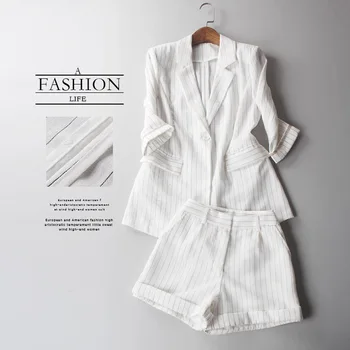 

Short Suits 2019 Summer Women New European And American Fashion Striped Cotton And Linen Small Suit Jacket Shorts Casual Suit