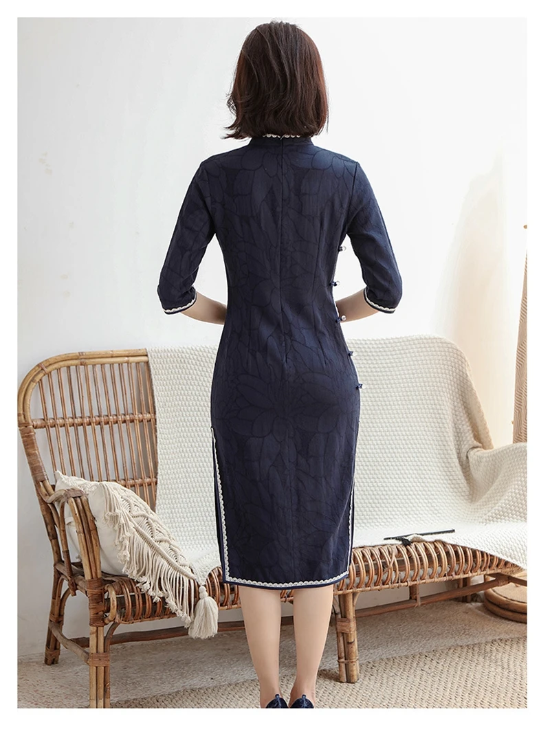 Осень сплит хлопок и лен cheongsam Китайский Старый Шанхай Улучшенный ретро тонкий похудение темперамент Чонсам ежедневно платье